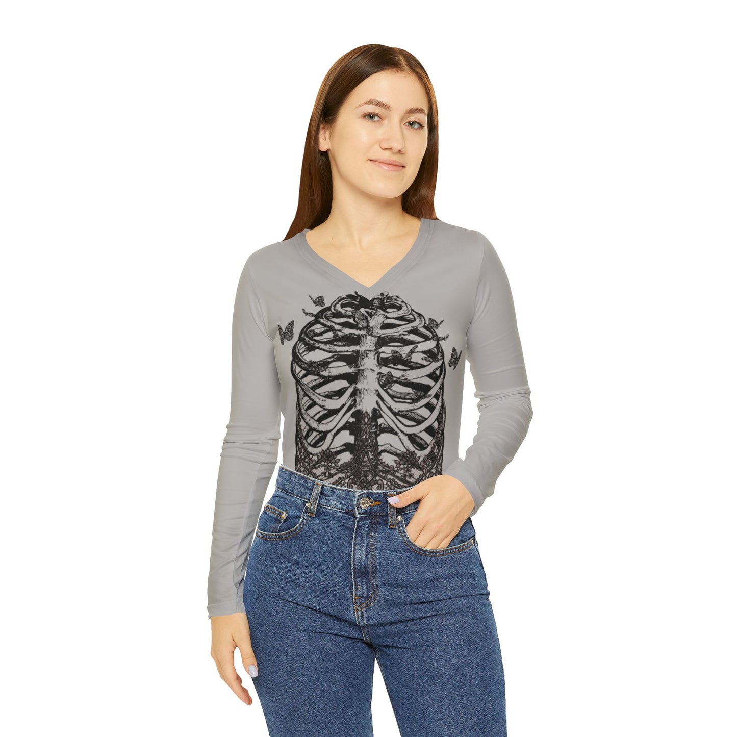 Long Sleeve Shirt Skeleton Ribs and Butterflies